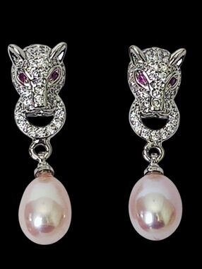 Pearl Silver Panther Dangle Earrings NEW